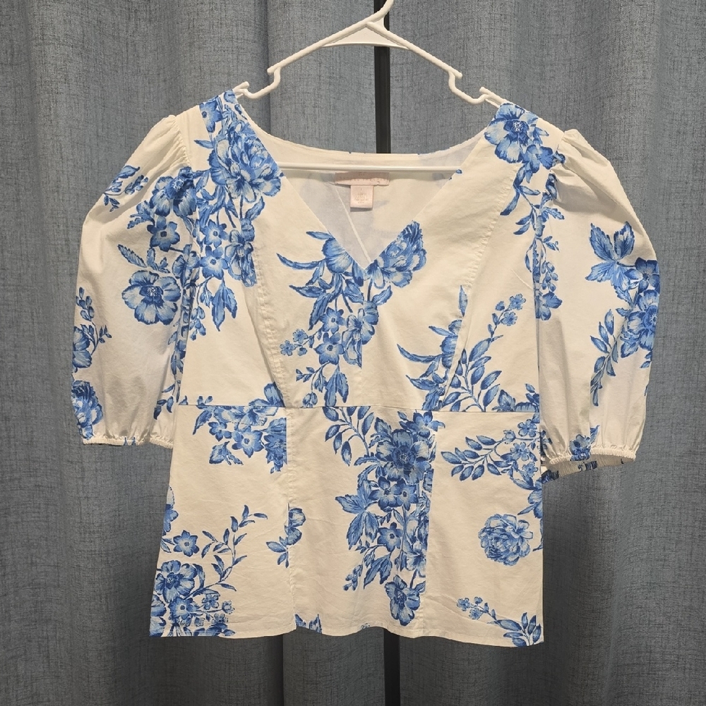 Rachel Parcell Blue and white‎ Cottagecore Floral Blouse Sz L
